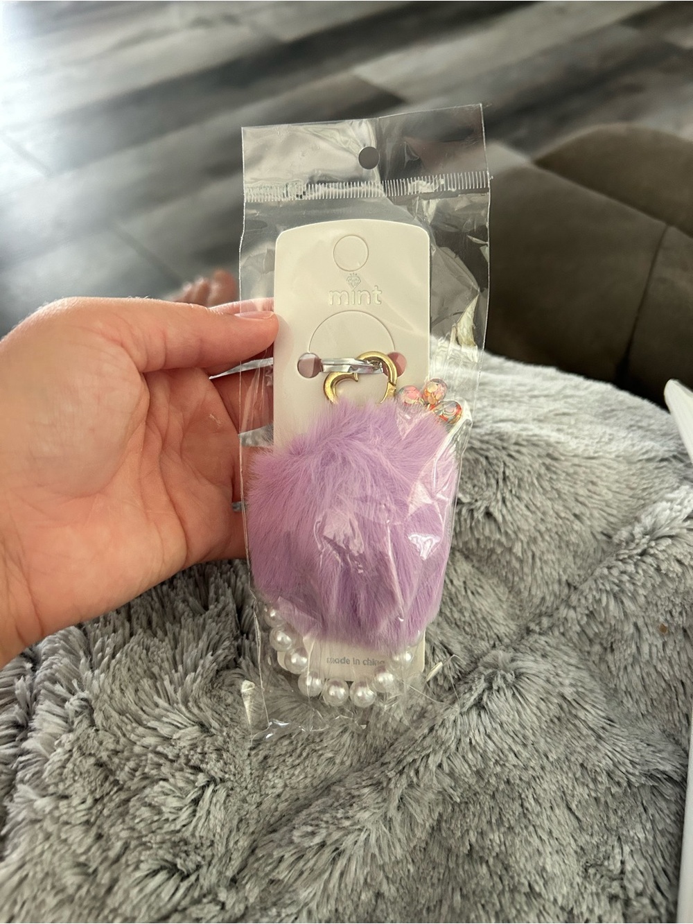 4/$50 mint Lavender Faux Fur Pom Keychain with Pearl Accent